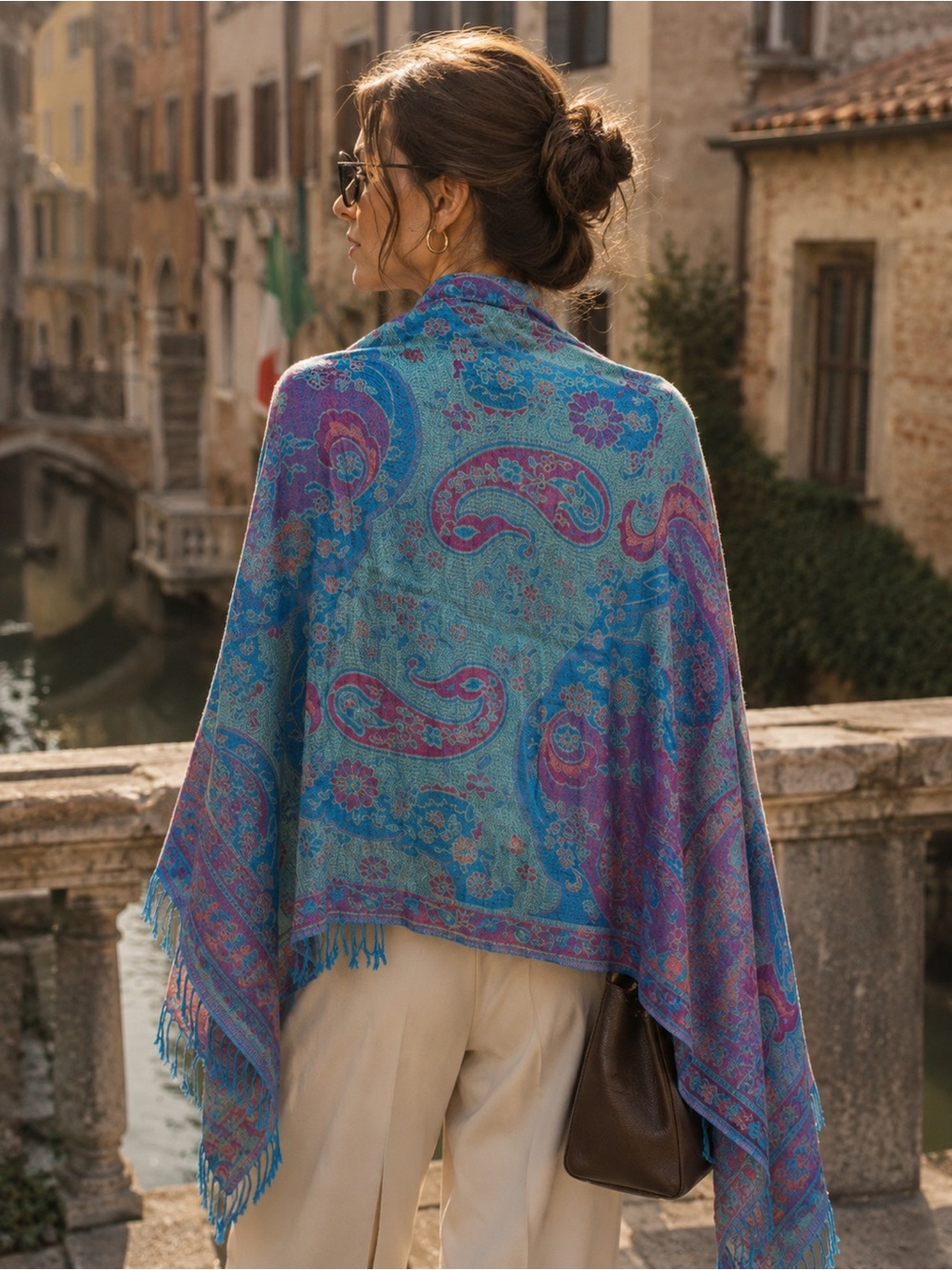 Pashmina Silk Paisley Scarf Turquoise Pink One Size Boho Fringe Festival Wrap